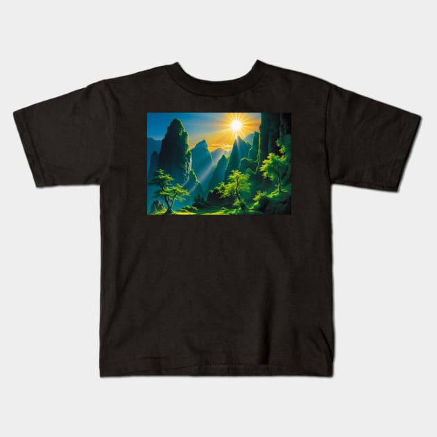 Sunlight Streaming Down on a Green Valley Kids T-Shirt by CursedContent